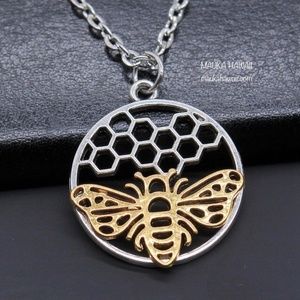 Honey Bumble Bee Beehive 3D Silver & Gold Honeycomb Necklace 18 inch Cuban Chain